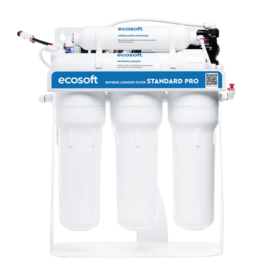 Ecosoft Standard PRO reverse osmosis filter with mineralization and pump on metal rack