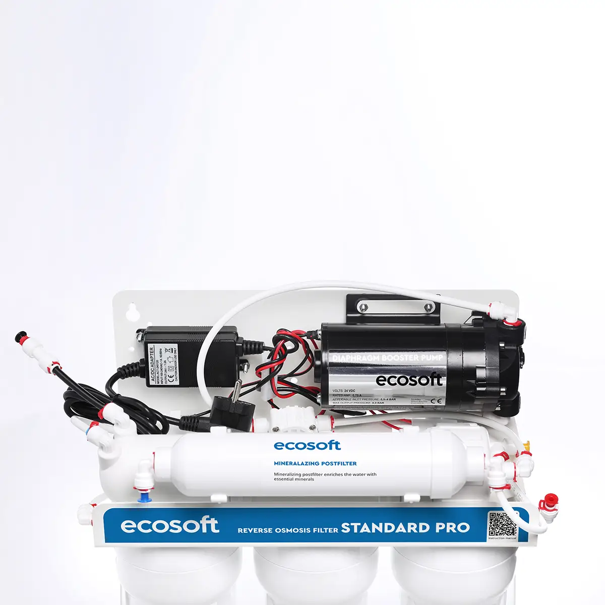Ecosoft Standard PRO reverse osmosis filter with mineralization and pump on metal rack