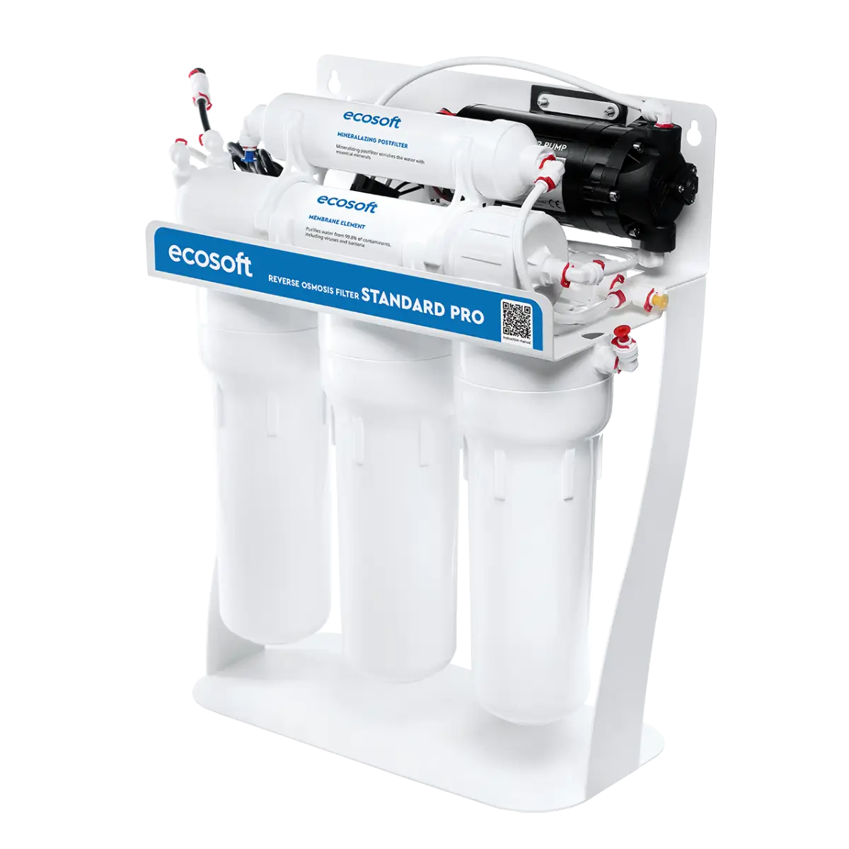 Ecosoft Standard PRO reverse osmosis filter with mineralization and pump on metal rack
