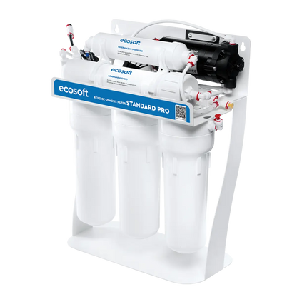 Ecosoft Standard PRO reverse osmosis filter with mineralization and pump on metal rack