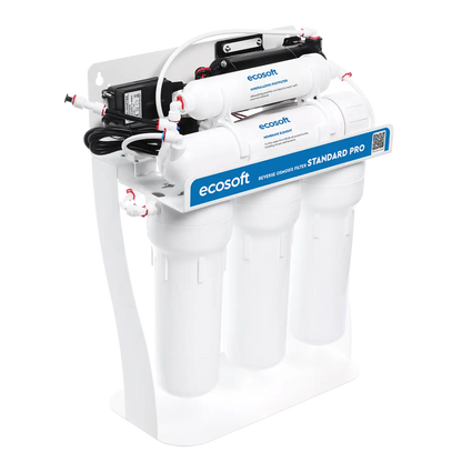 Ecosoft Standard PRO reverse osmosis filter with mineralization and pump on metal rack