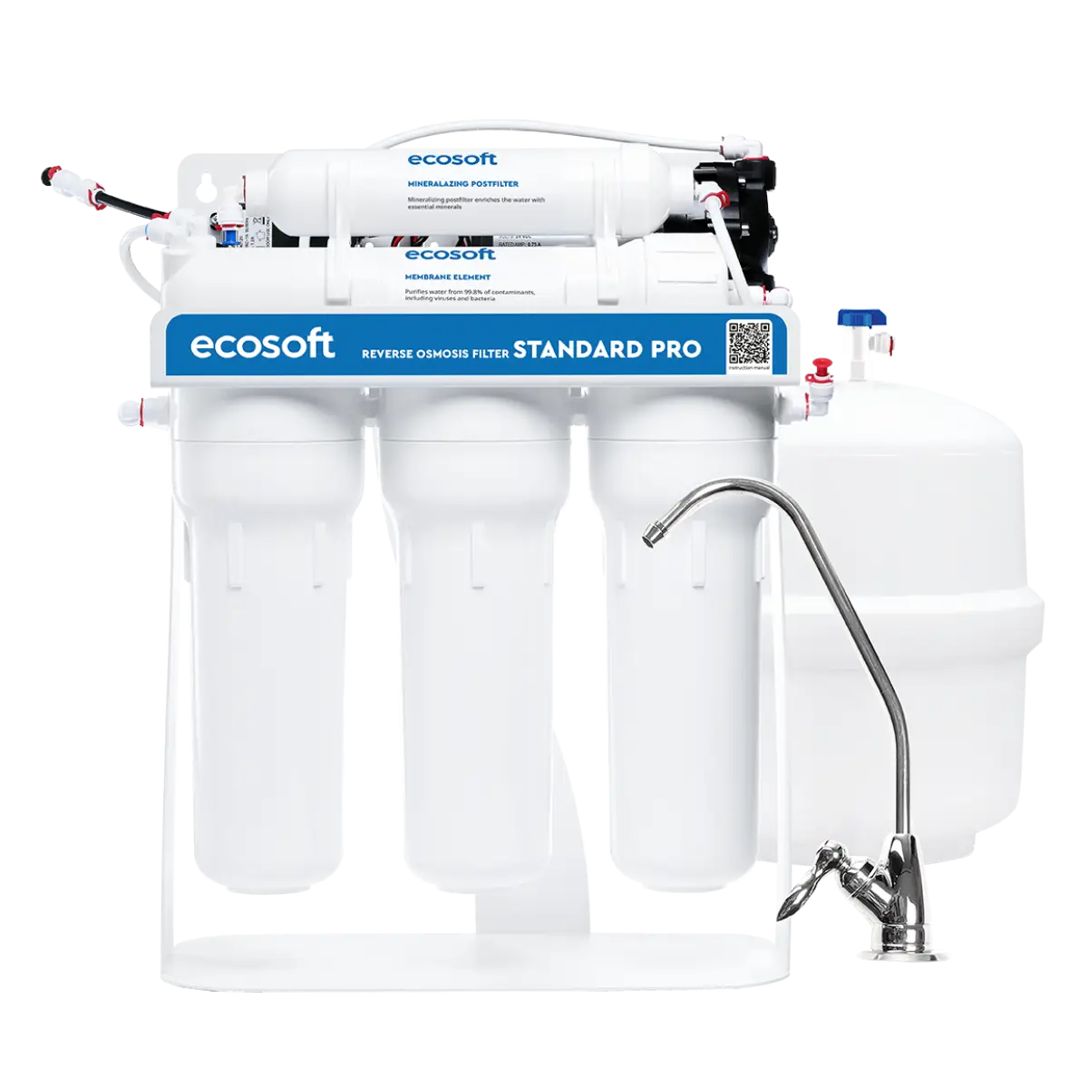 Ecosoft Standard PRO reverse osmosis filter with mineralization and pump on metal rack