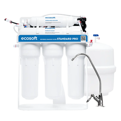 Ecosoft Standard PRO reverse osmosis filter with mineralization and pump on metal rack