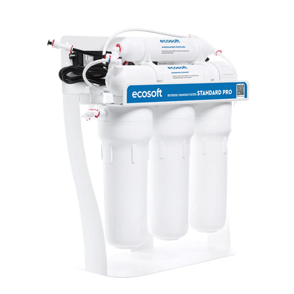 Ecosoft Standard PRO reverse osmosis filter with mineralization and pump on metal rack