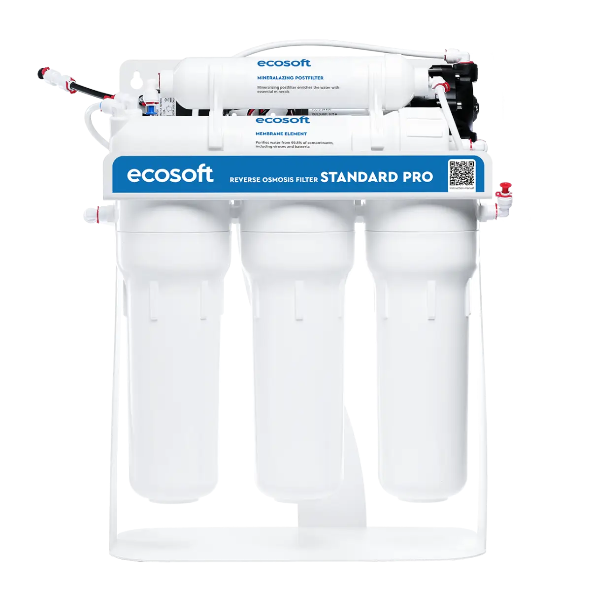Ecosoft Standard PRO reverse osmosis filter with mineralization and pump on metal rack