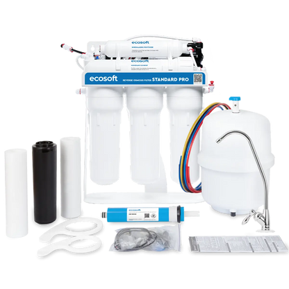Ecosoft Standard PRO reverse osmosis filter with mineralization and pump on metal rack