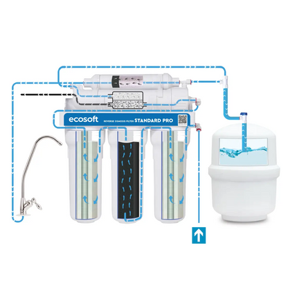 Ecosoft Standard PRO reverse osmosis filter with mineralization and pump on metal rack