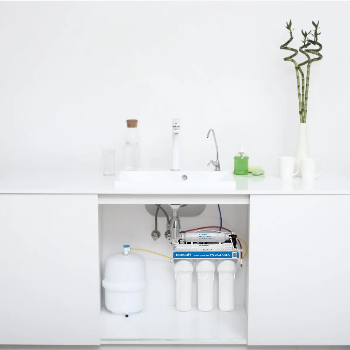 Ecosoft Standard PRO reverse osmosis filter with mineralization and pump on metal rack